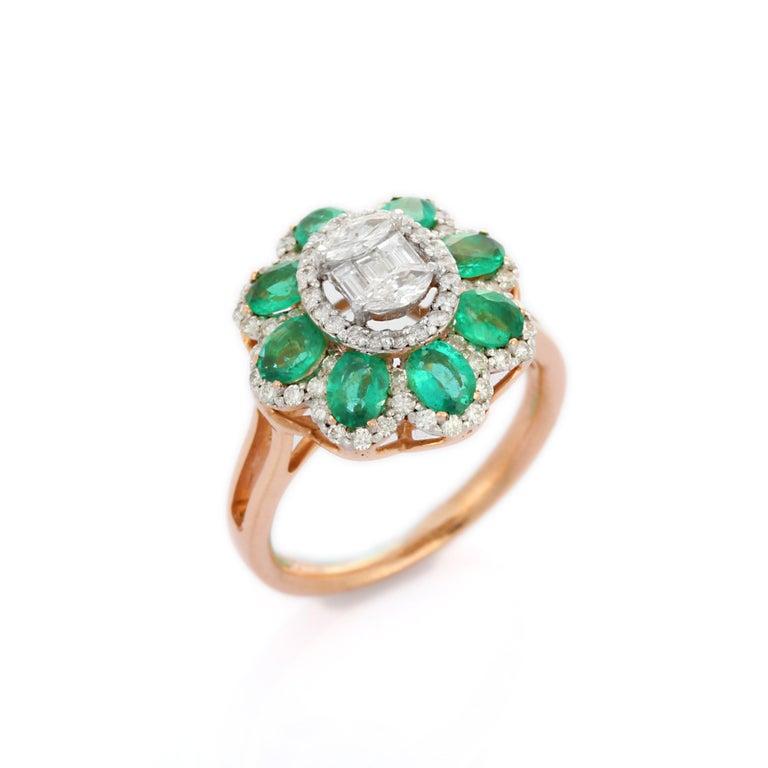 For Sale:  Natural Zambian Emerald Diamond Floral Cocktail Ring for Women in 18k Rose Gold 7