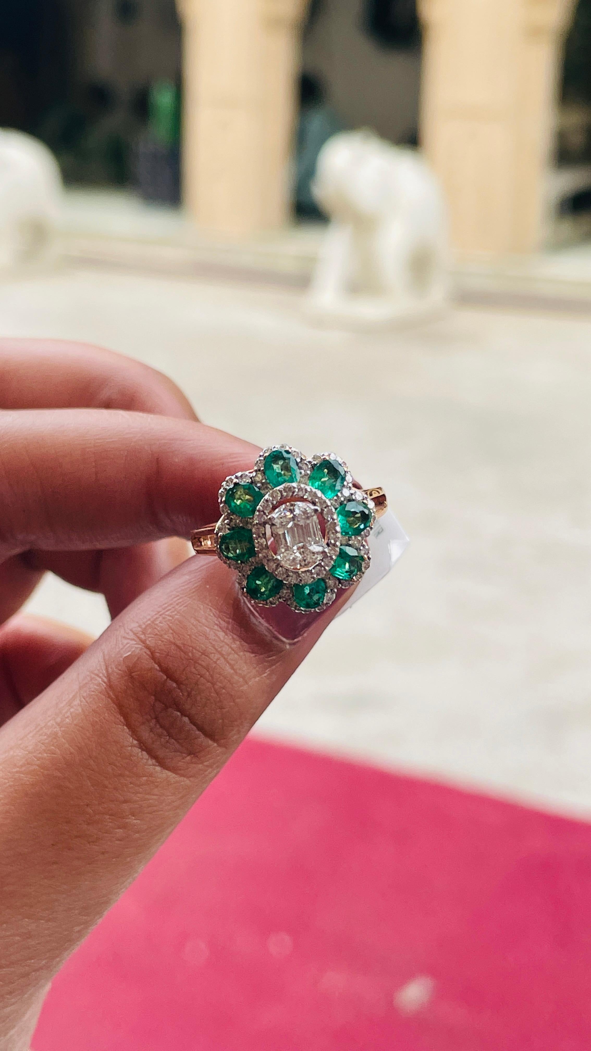 For Sale:  Natural Zambian Emerald Diamond Floral Cocktail Ring for Women in 18k Rose Gold 8