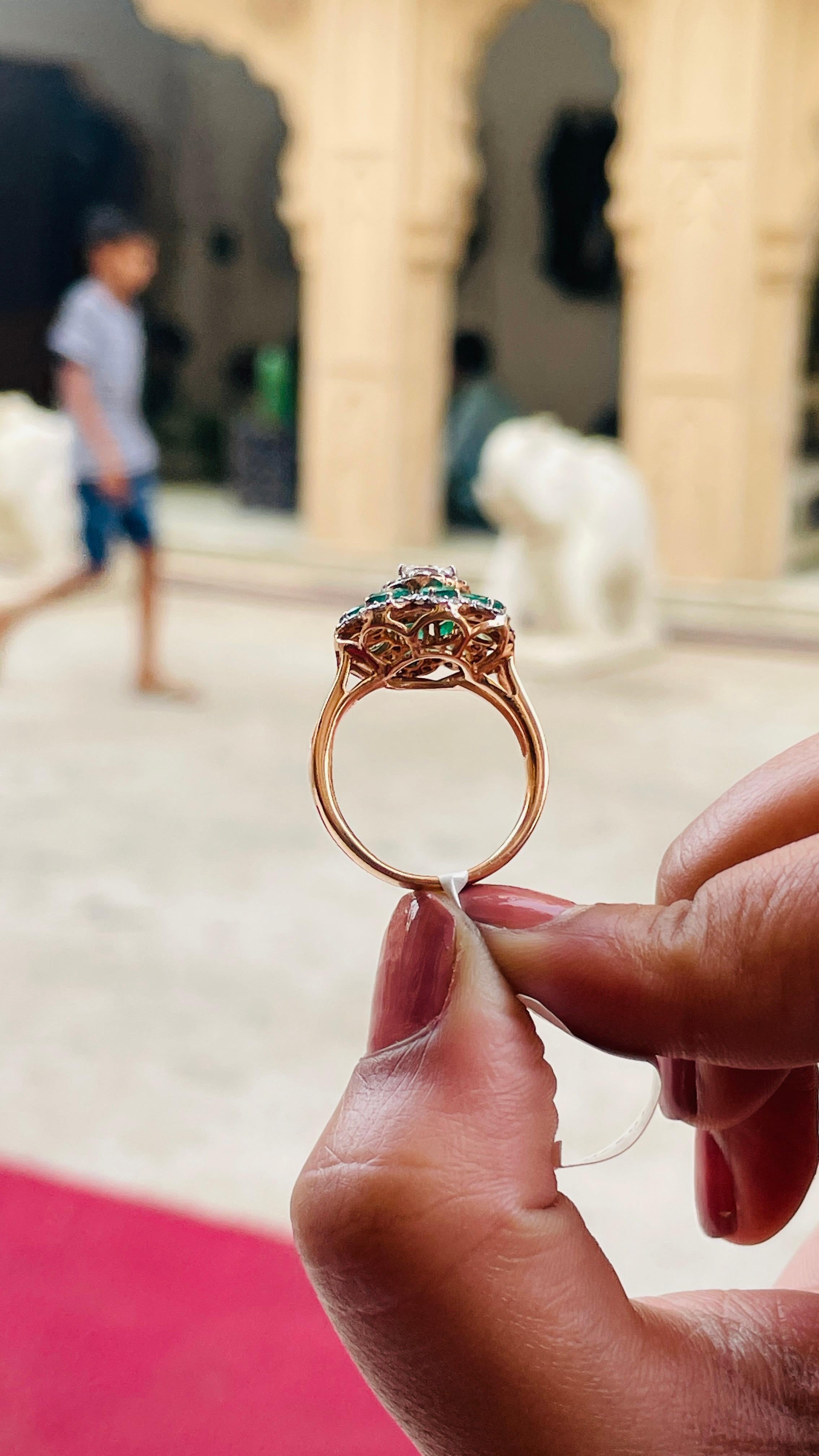 For Sale:  Natural Zambian Emerald Diamond Floral Cocktail Ring for Women in 18k Rose Gold 9