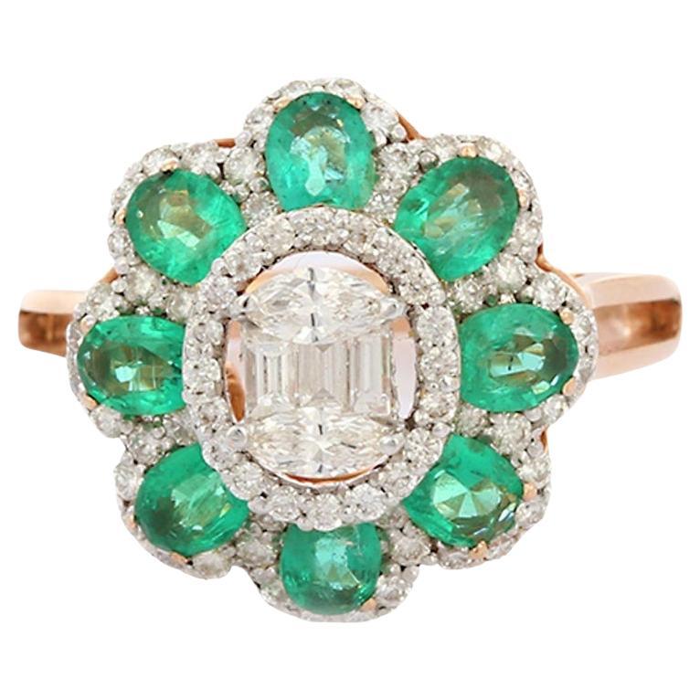 Natural Zambian Emerald Diamond Floral Cocktail Ring for Women in 18k Rose Gold