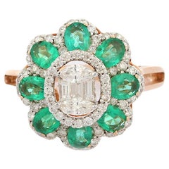Esmeralda natural de Zambia Anillo de cóctel floral con diamantes para mujer en oro rosa de 18k