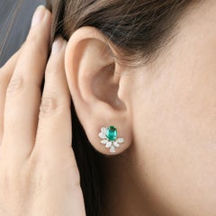 Natural Zambian Emerald Diamond Floral Stud Earrings 18 Karat White Gold