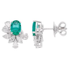 Natural Zambian Emerald Diamond Floral Stud Earrings 18 Karat White Gold