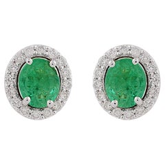 Natural Zambian Emerald Diamond Halo Oval Stud Earrings 10 Karat White Gold