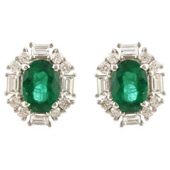 Natural Zambian Emerald Diamond Halo Stud Earrings 14 Karat White Gold