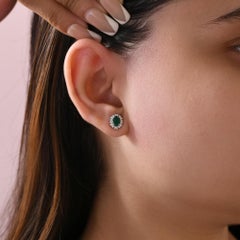 Natural Zambian Emerald Diamond Halo Stud Earrings 18 Karat White Gold