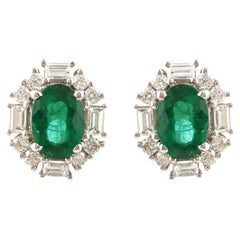Natural Zambian Emerald Diamond Halo Stud Earrings 18 Karat White Gold