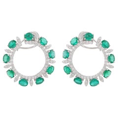 Natural Zambian Emerald Diamond Hoop Earrings 14K White Gold Fine Jewelry