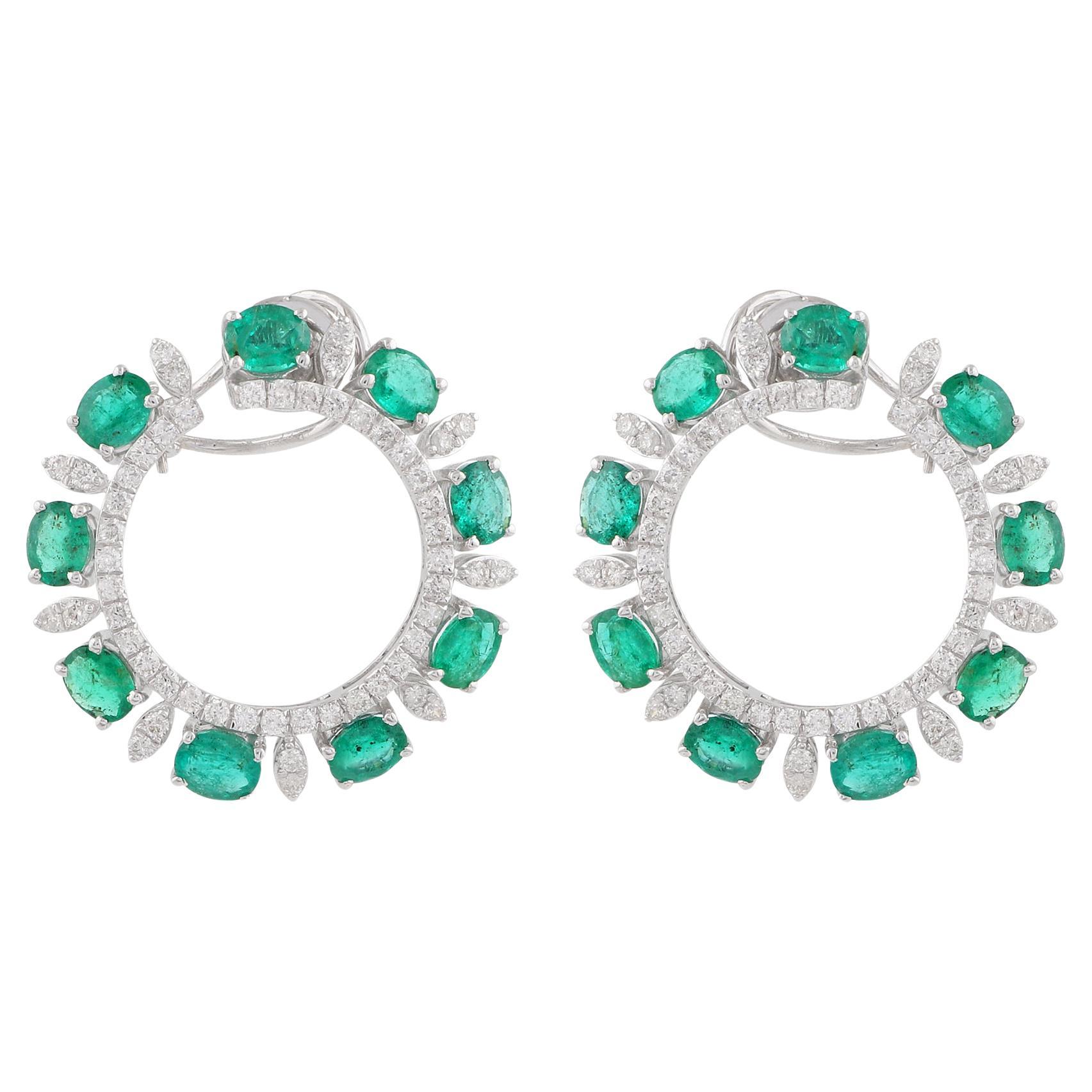 Natural Zambian Emerald Diamond Hoop Earrings 18K White Gold Fine Jewelry