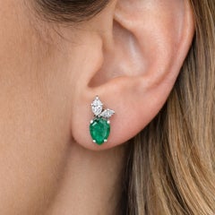 Natural Zambian Emerald Diamond Leaf Stud Earrings 18 Karat White Gold