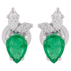 Natural Zambian Emerald Diamond Leaf Stud Earrings 18 Karat White Gold
