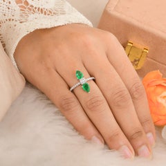 Natural Zambian Emerald Diamond Long Wedding Ring 18 Karat White Gold