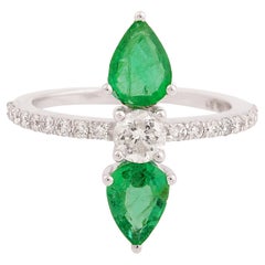 Natural Zambian Emerald Diamond Long Wedding Ring 18 Karat White Gold