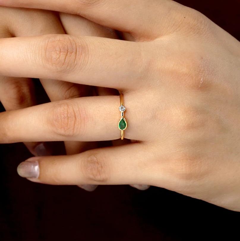 Natural Zambian Emerald & Diamond Ring 14K Gold en venta 1