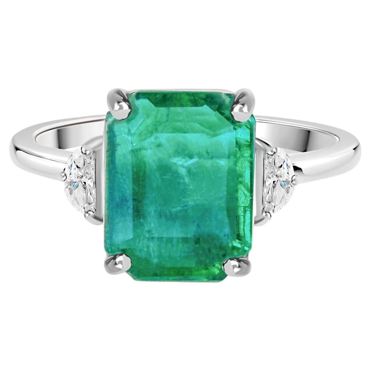 18K White Gold 2.63-Carat Emerald-Cut Emerald and Diamond Three-Stone Ring