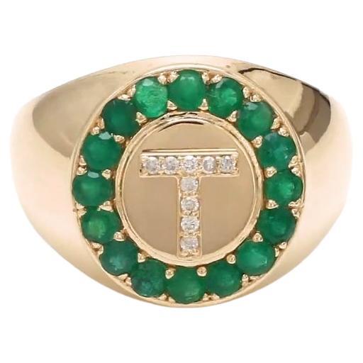 Natural 0.89 cts zambian emerald & 0.06 cts diamond T letter ring in 14k gold For Sale