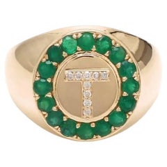 Natural zambian emerald diamond T letter band ring in 14k gold