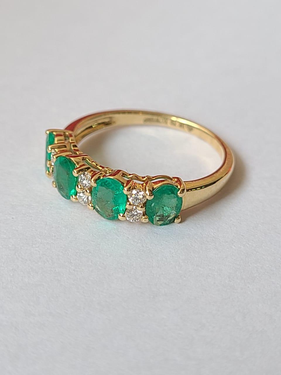 Artisan Natural, Zambian Emerald & Diamonds Band / Wedding Ring Set in 18K Yellow Gold