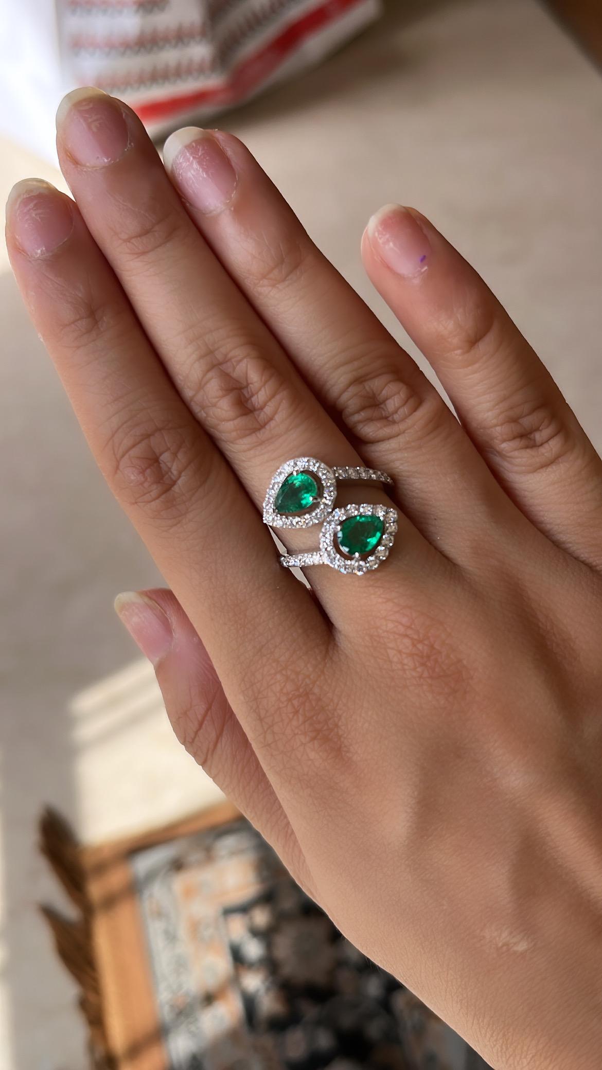 Modern Natural Zambian Emerald & Diamonds Cocktail / Engagement Ring Set in 18K Gold