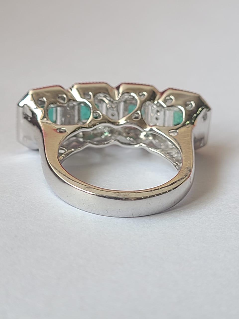 Modern Natural, Zambian Emerald & Diamonds Cocktail Ring Set in 18K White Gold For Sale