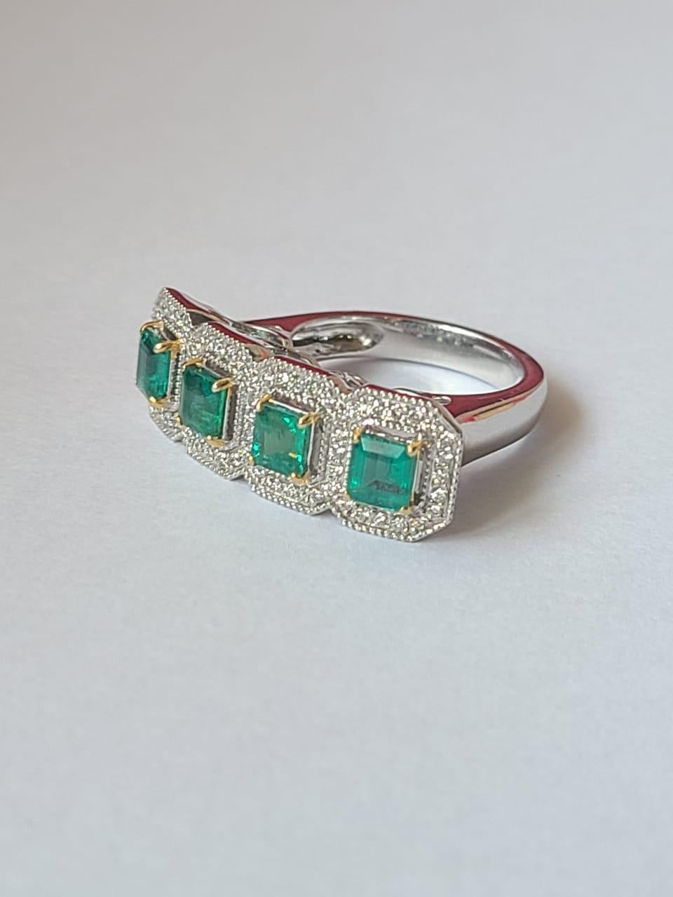 Square Cut Natural, Zambian Emerald & Diamonds Cocktail Ring Set in 18K White Gold For Sale