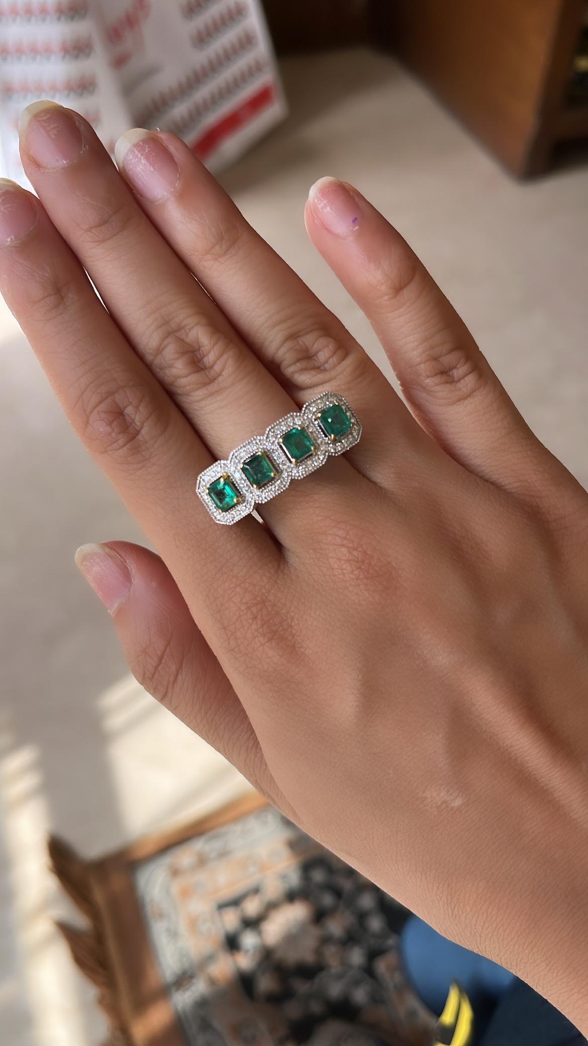 Natural, Zambian Emerald & Diamonds Cocktail Ring Set in 18K White Gold In New Condition For Sale In Hong Kong, HK
