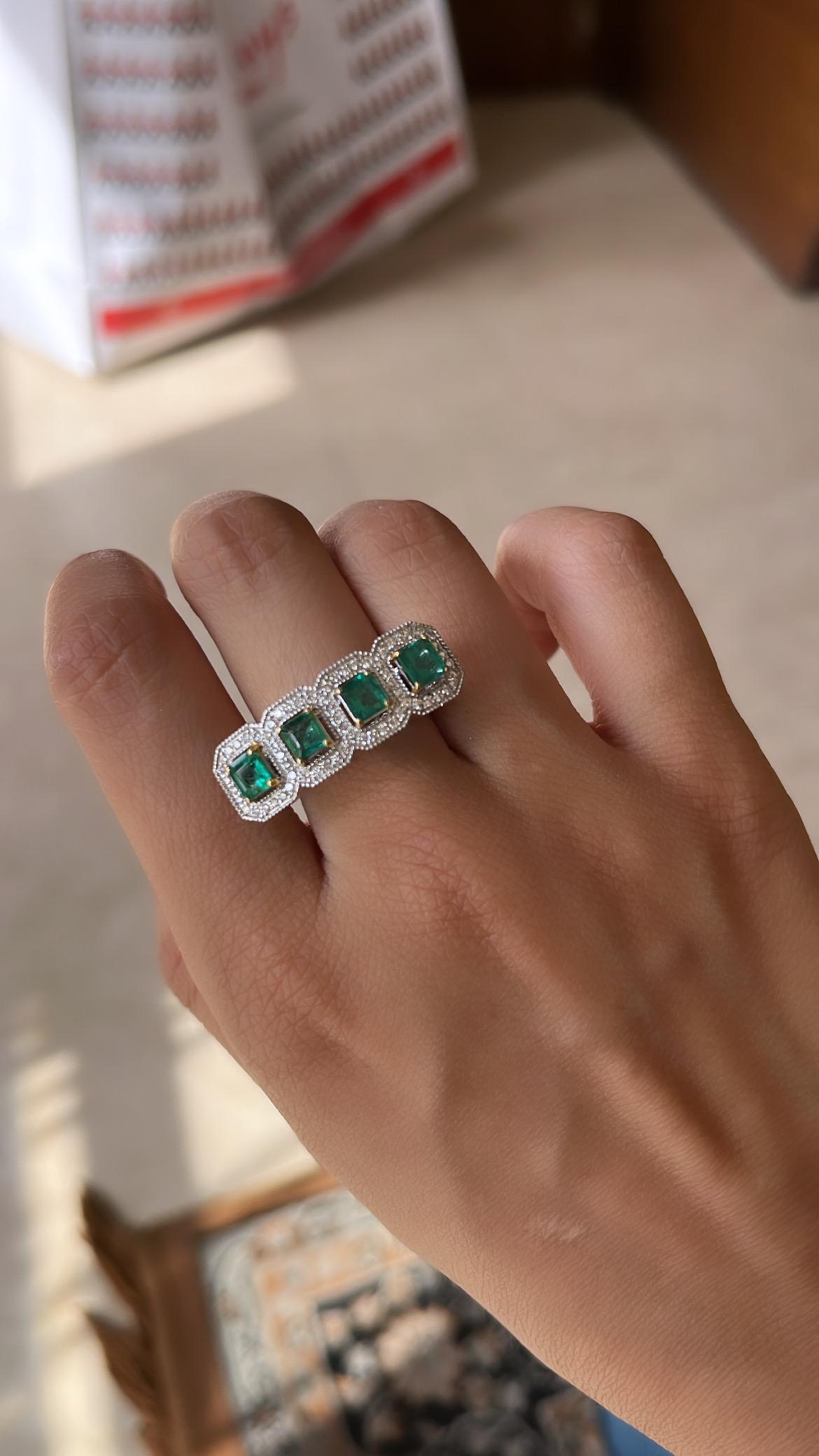 Women's or Men's Natural, Zambian Emerald & Diamonds Cocktail Ring Set in 18K White Gold For Sale
