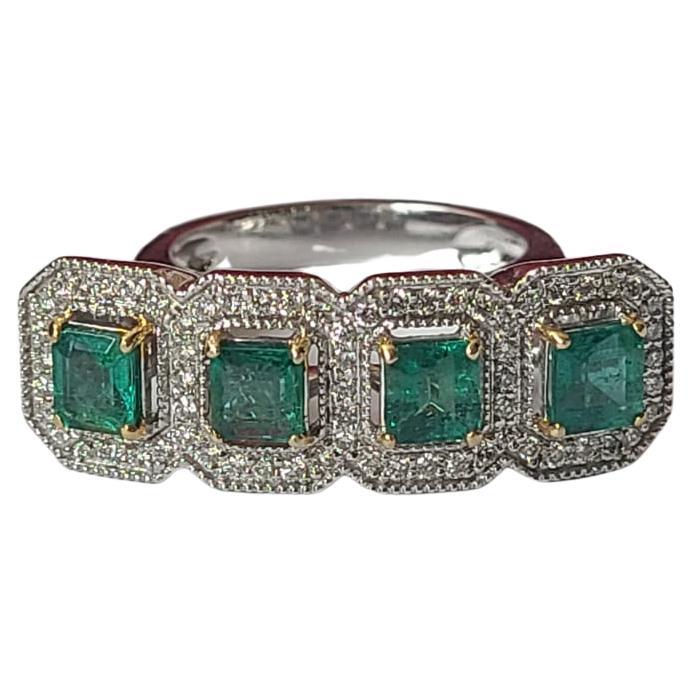 Natural, Zambian Emerald & Diamonds Cocktail Ring Set in 18K White Gold For Sale