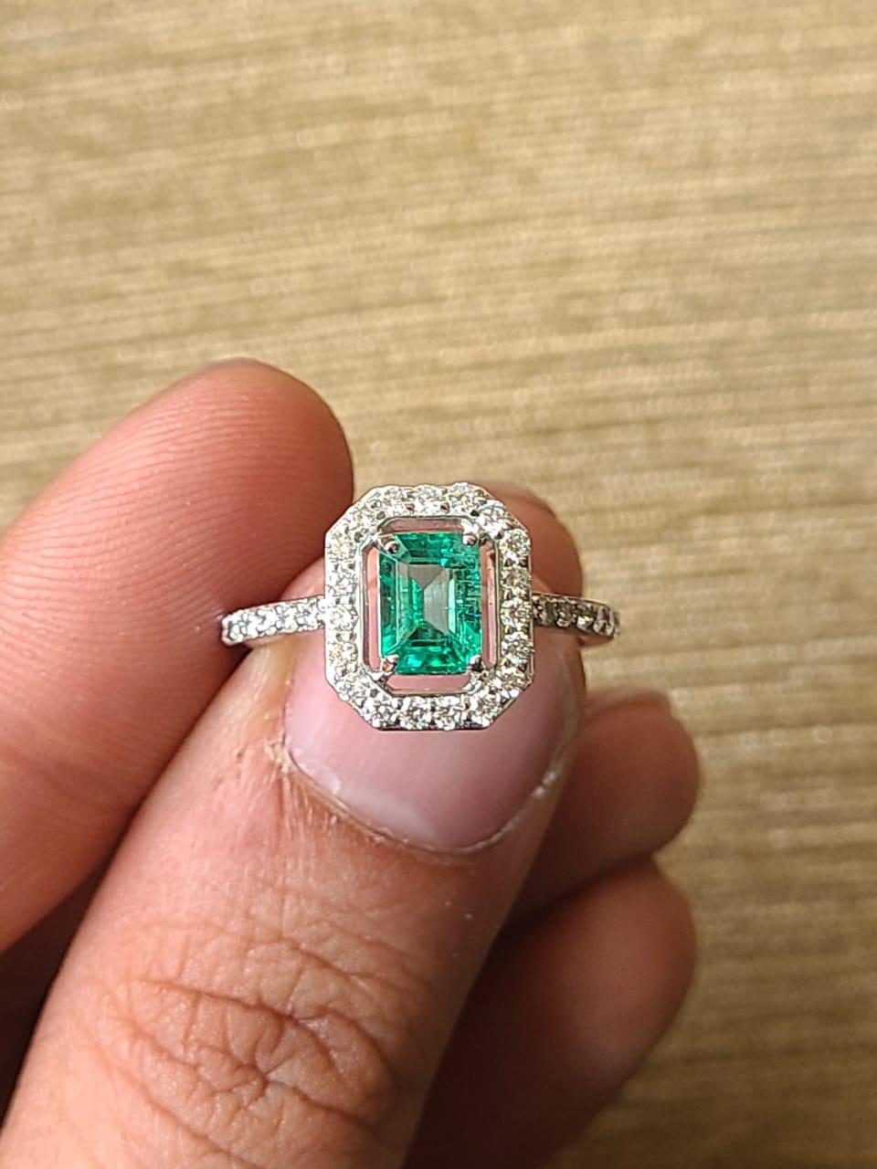 Emerald Cut Natural Zambian Emerald & Diamonds Engagement Ring set in 18K White Gold For Sale