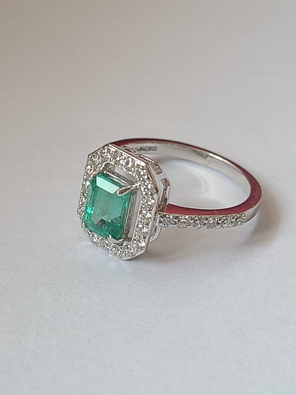 Women's or Men's Natural Zambian Emerald & Diamonds Engagement Ring set in 18K White Gold For Sale