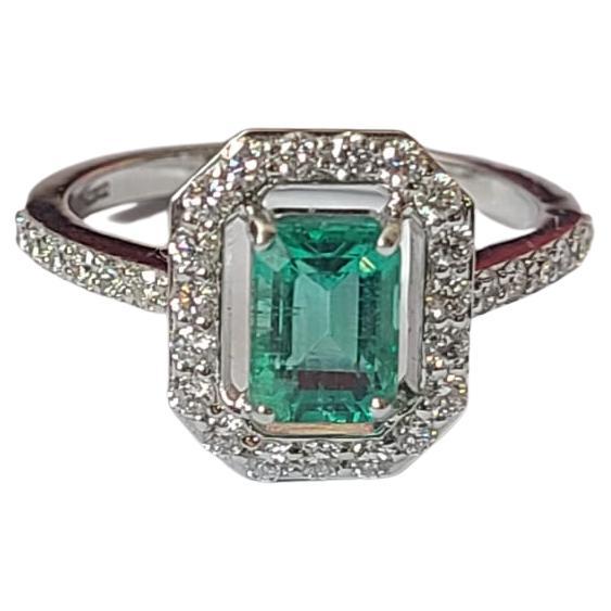 Natural Zambian Emerald & Diamonds Engagement Ring set in 18K White Gold