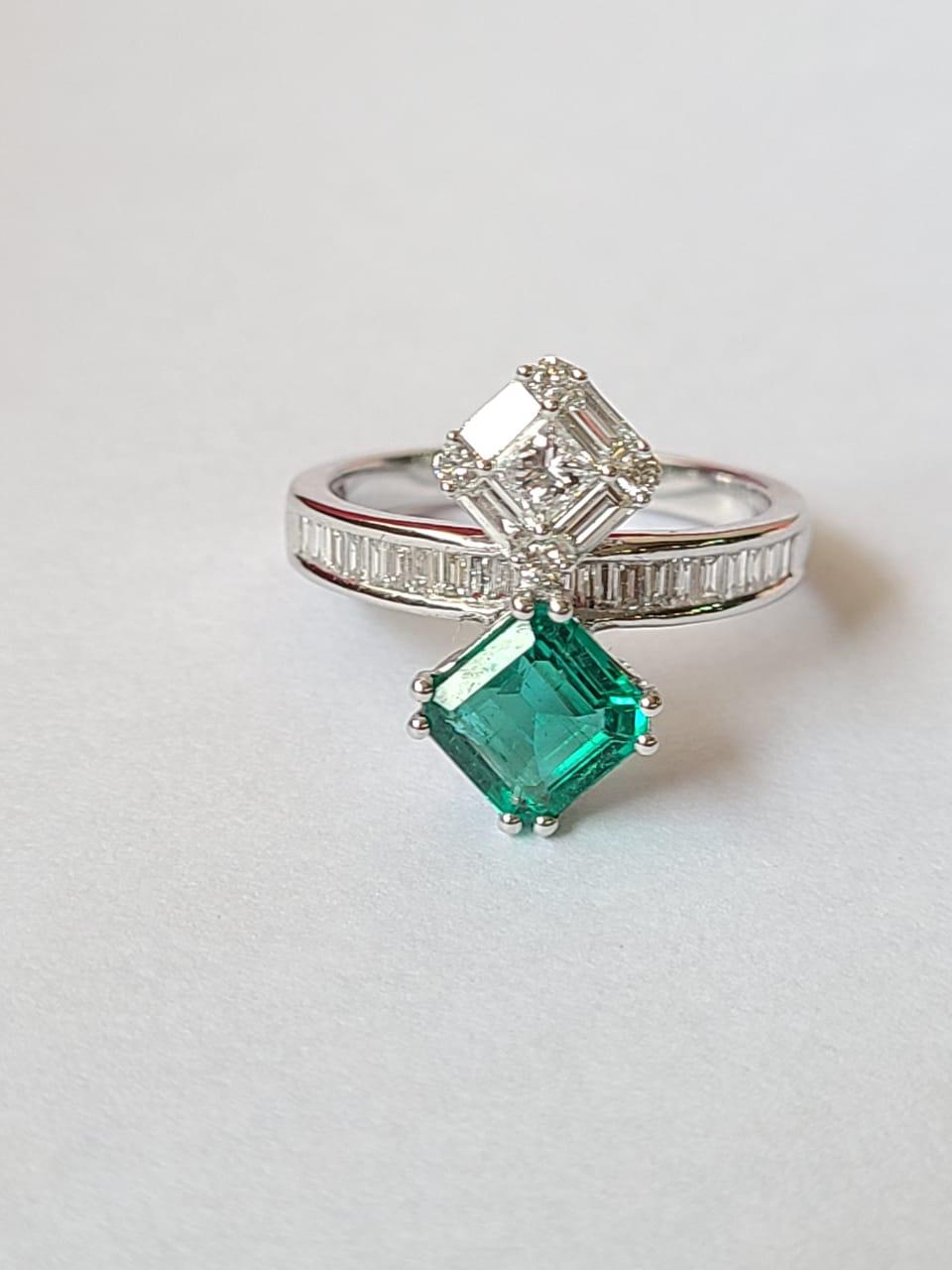 Octagon Cut Natural, Zambian Emerald & Diamonds Engagement Toi et Moi Ring Set in 18K Gold