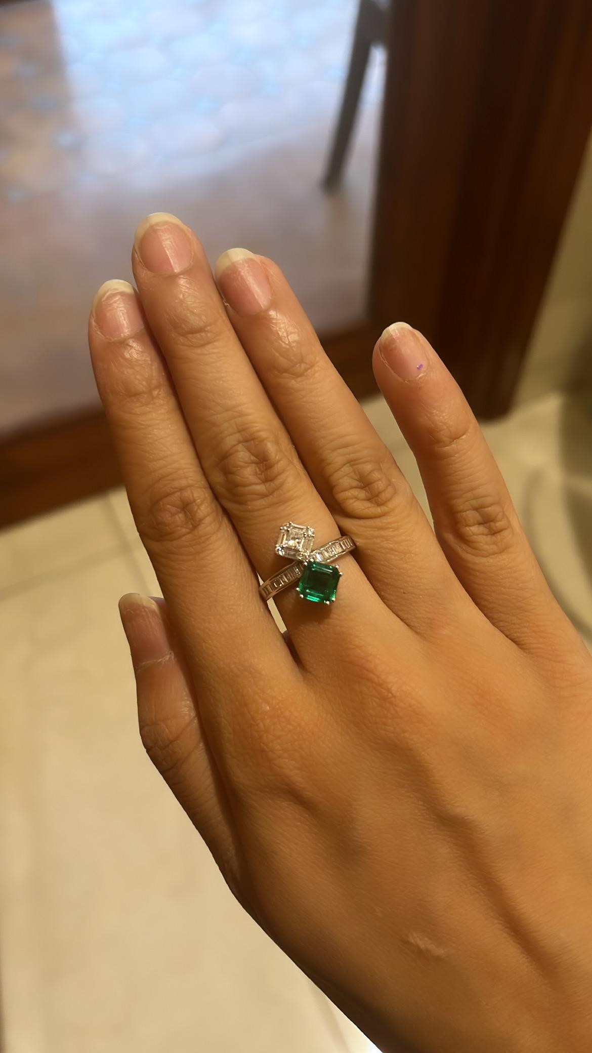 Natural, Zambian Emerald & Diamonds Engagement Toi et Moi Ring Set in 18K Gold 1