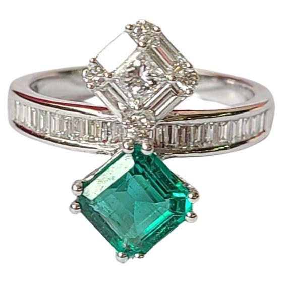 Natural, Zambian Emerald & Diamonds Engagement Toi et Moi Ring Set in 18K Gold
