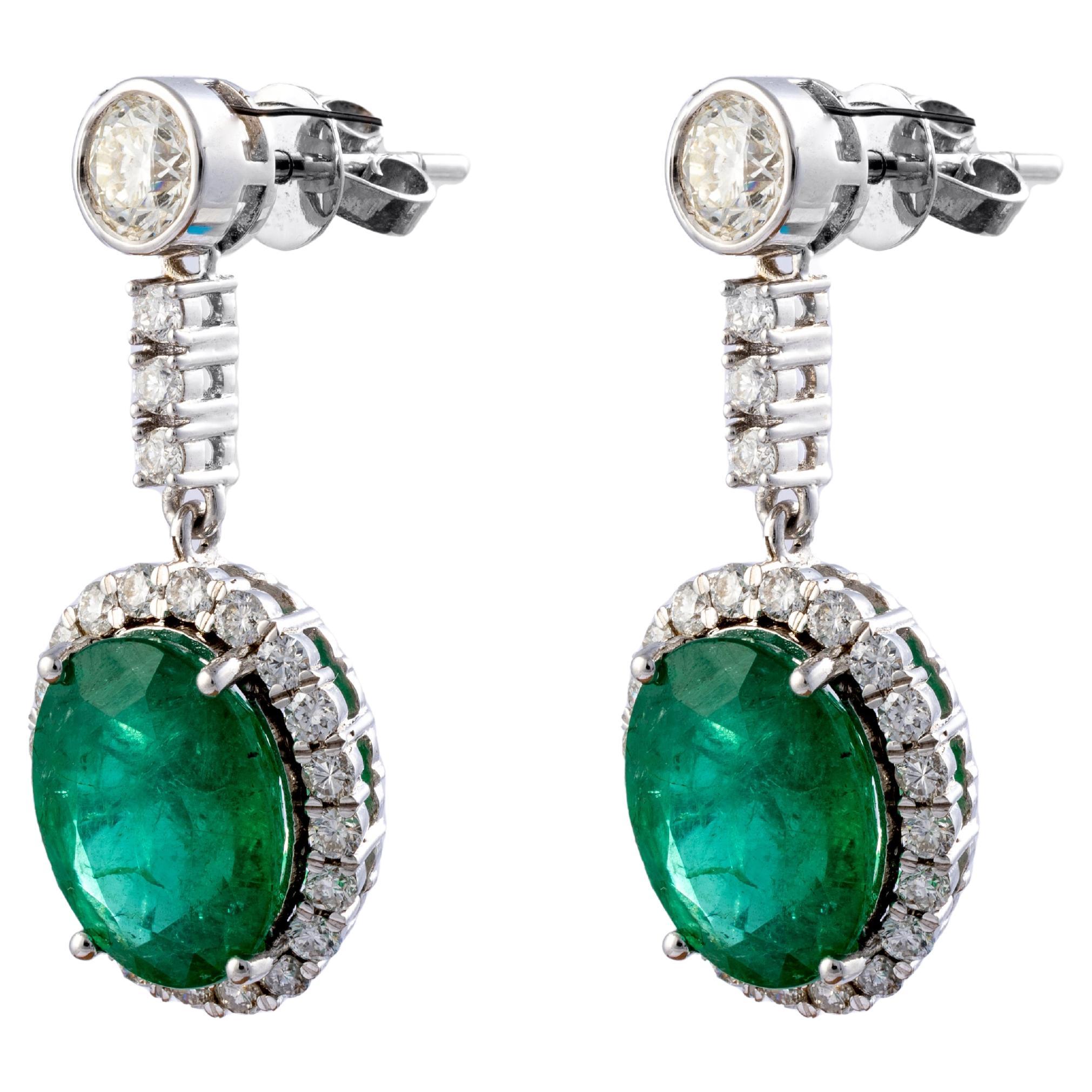 Natural Zambian Emerald 9.65cts  with 2.42cts Diamond earring and 14k Gold