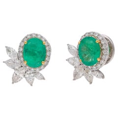 Natürlicher sambischer Smaragd-Ohrring mit Diamant und 18 Karat Gold