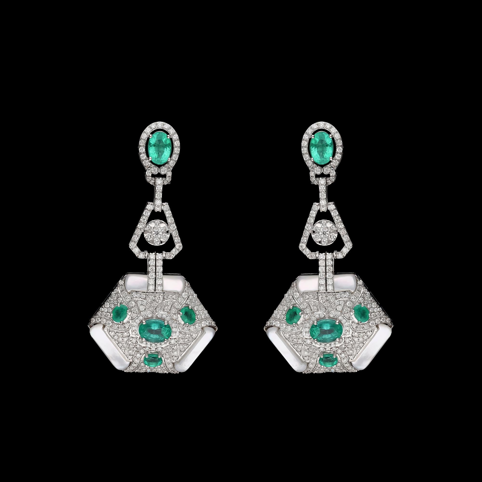 Emerald Cut Natural Zambian emerald earring with Mop stone & diamond 2.91 cts in 18k gold For Sale