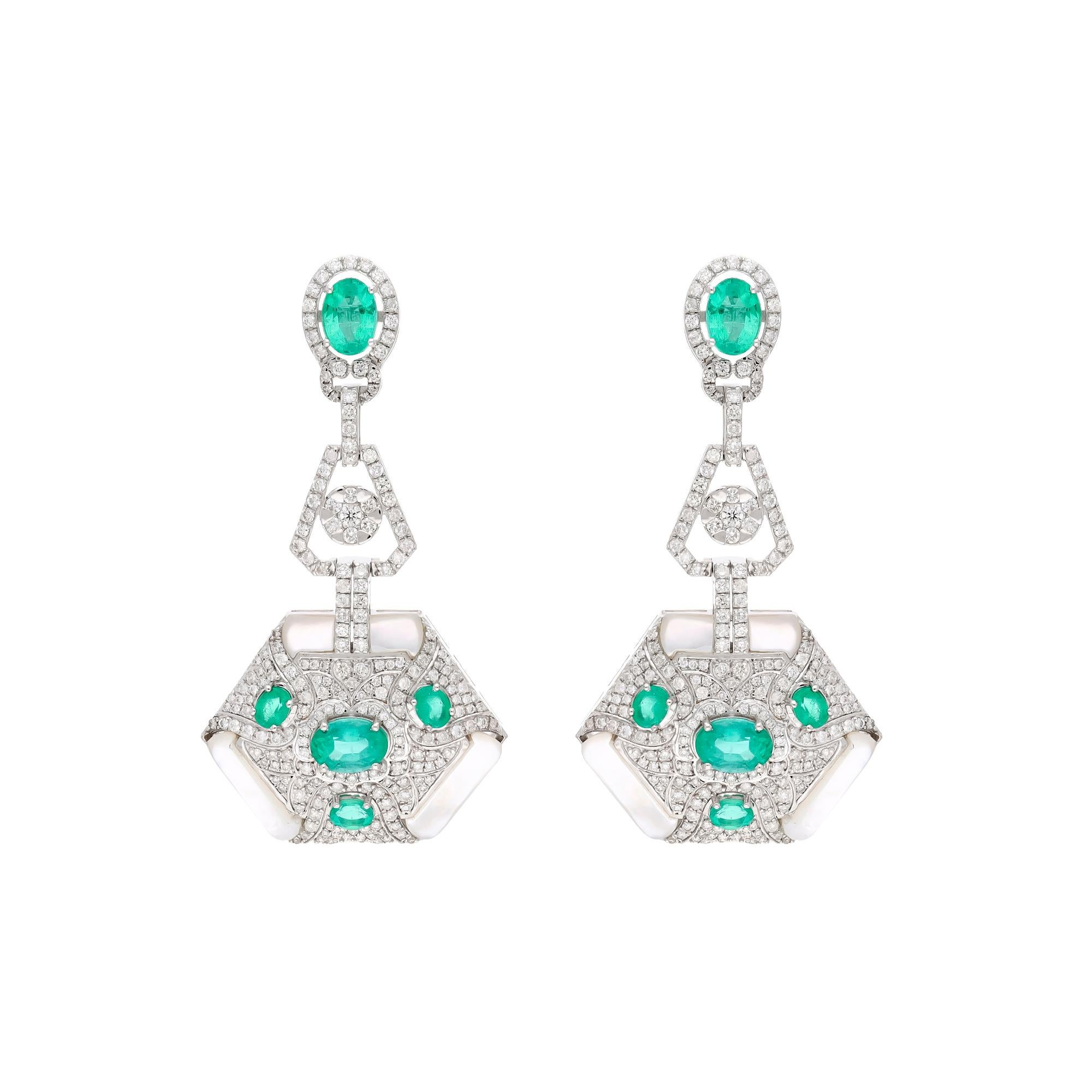 Women's Natural Zambian emerald earring with Mop stone & diamond 2.91 cts in 18k gold For Sale