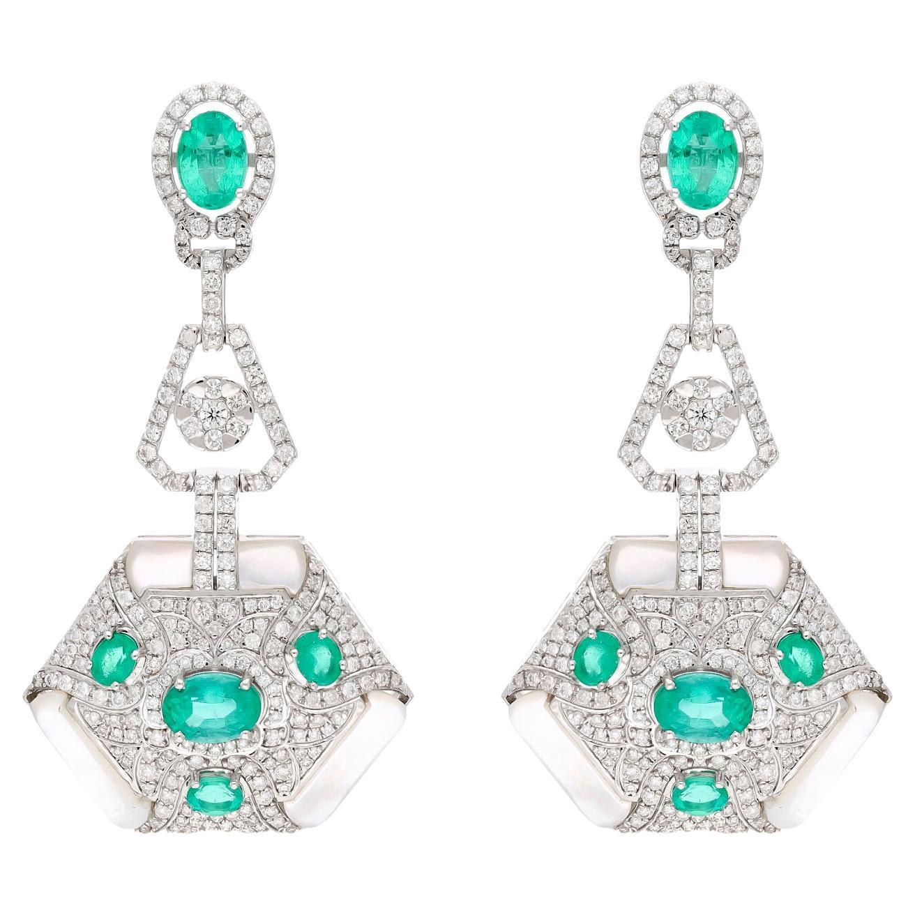 Natural Zambian emerald earring with Mop stone & diamond 2.91 cts in 18k gold For Sale