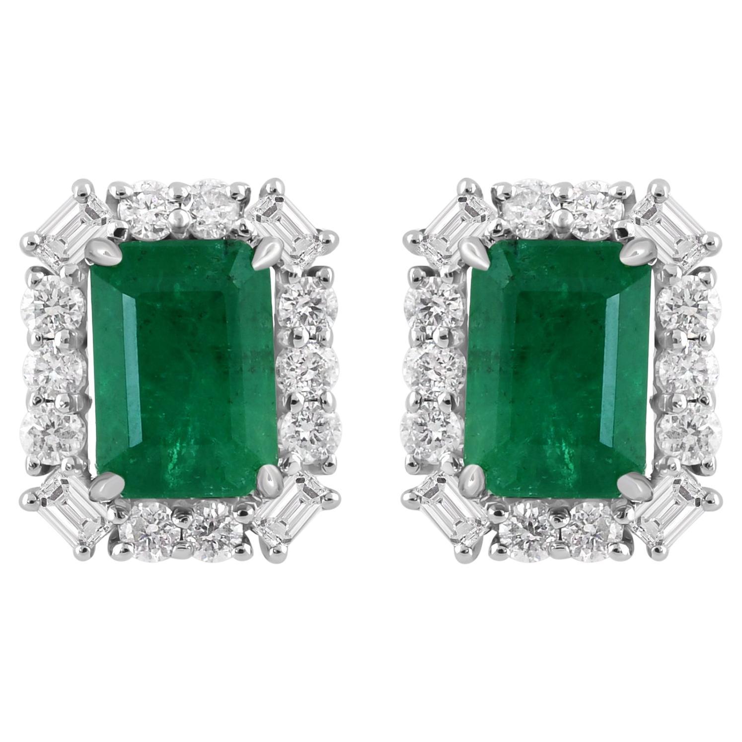 Natural Zambian Emerald Earrings Diamond 14 Karat White Gold Handmade Jewelry