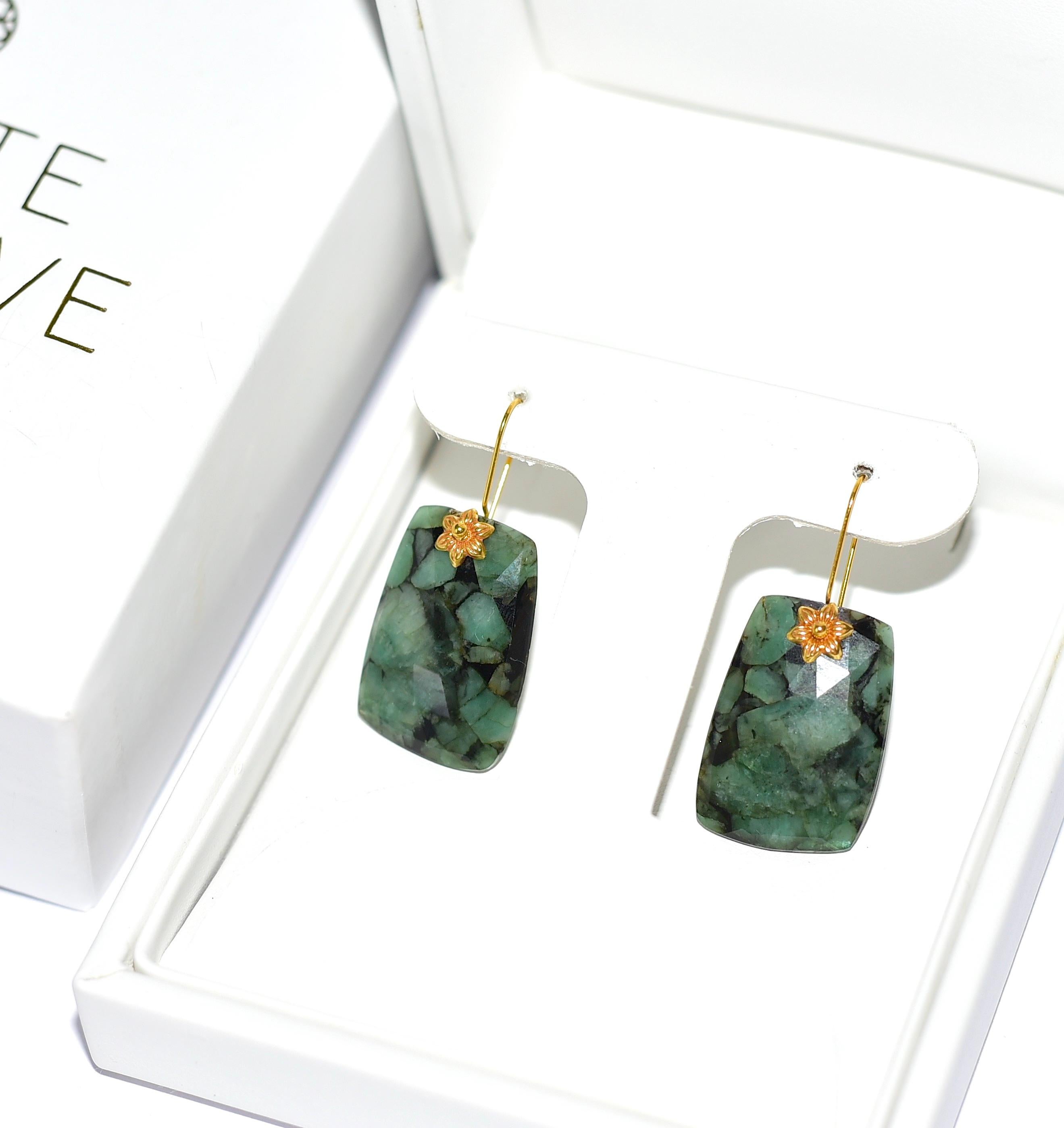 Rose Cut Natural Zambian Emerald Earrings in 18K Solid Yellow Gold
