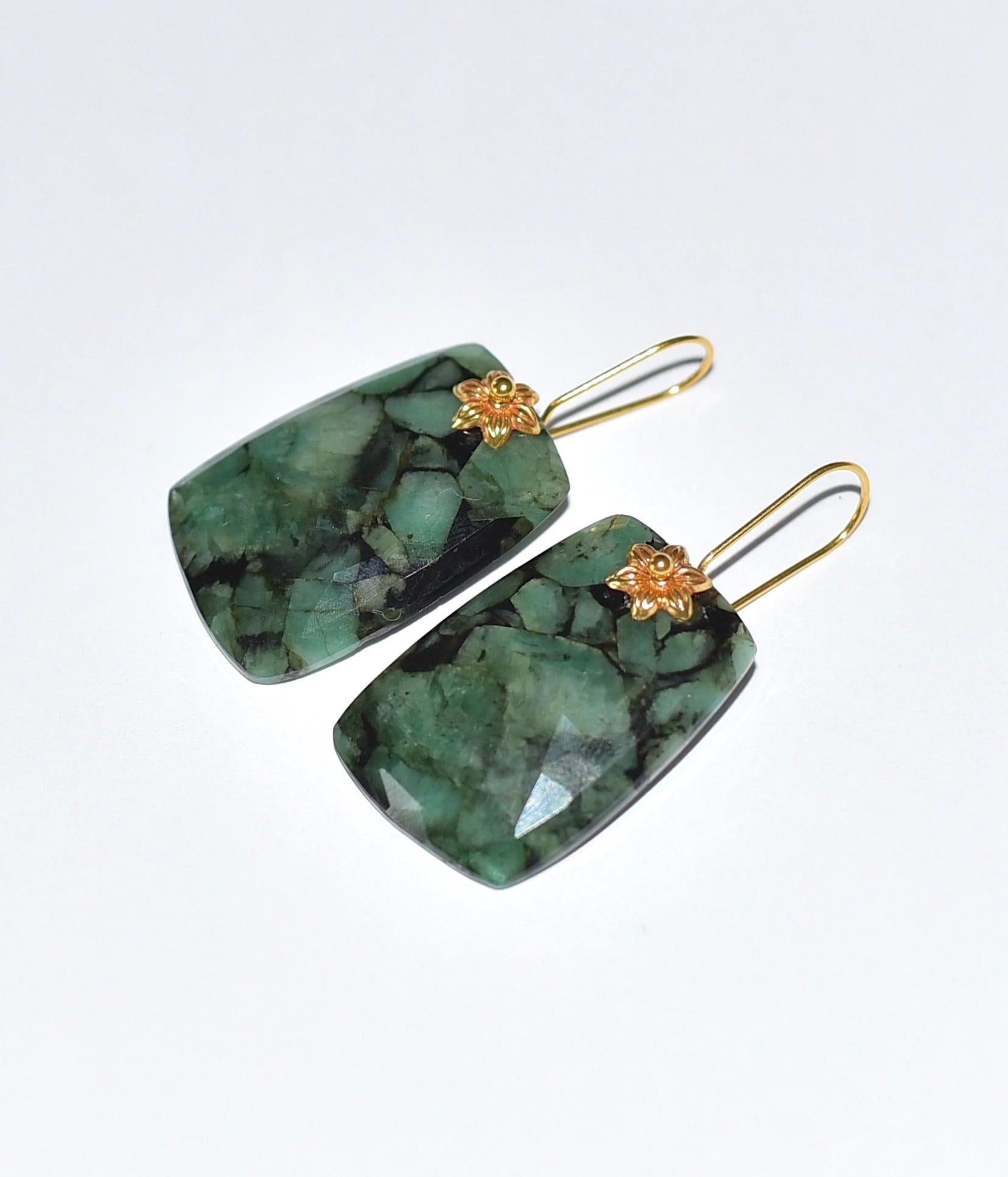 Women's Natural Zambian Emerald Earrings in 18K Solid Yellow Gold