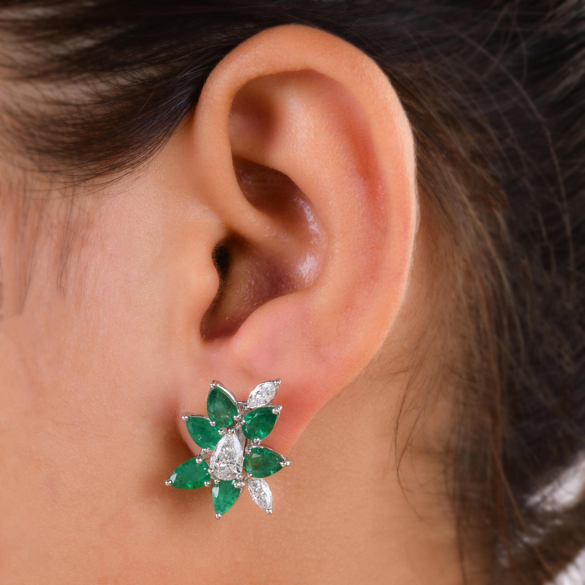 Modern Natural Zambian Emerald Earrings SI/H Diamond 18 Karat White Gold Fine Jewelry For Sale