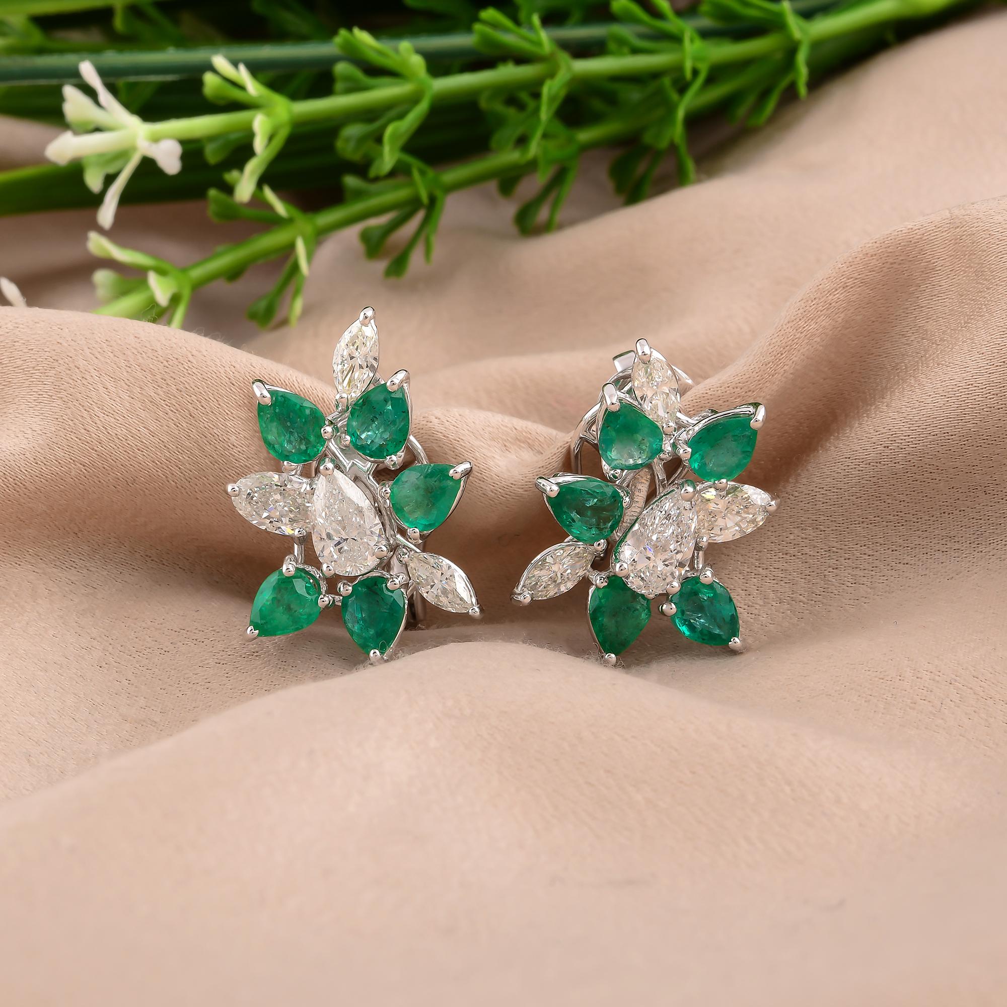 Pear Cut Natural Zambian Emerald Earrings SI/H Diamond 18 Karat White Gold Fine Jewelry For Sale