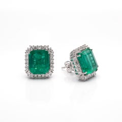 Natural 11.06cts Zambian Emerald & Diamond Earrings in 14k Gold