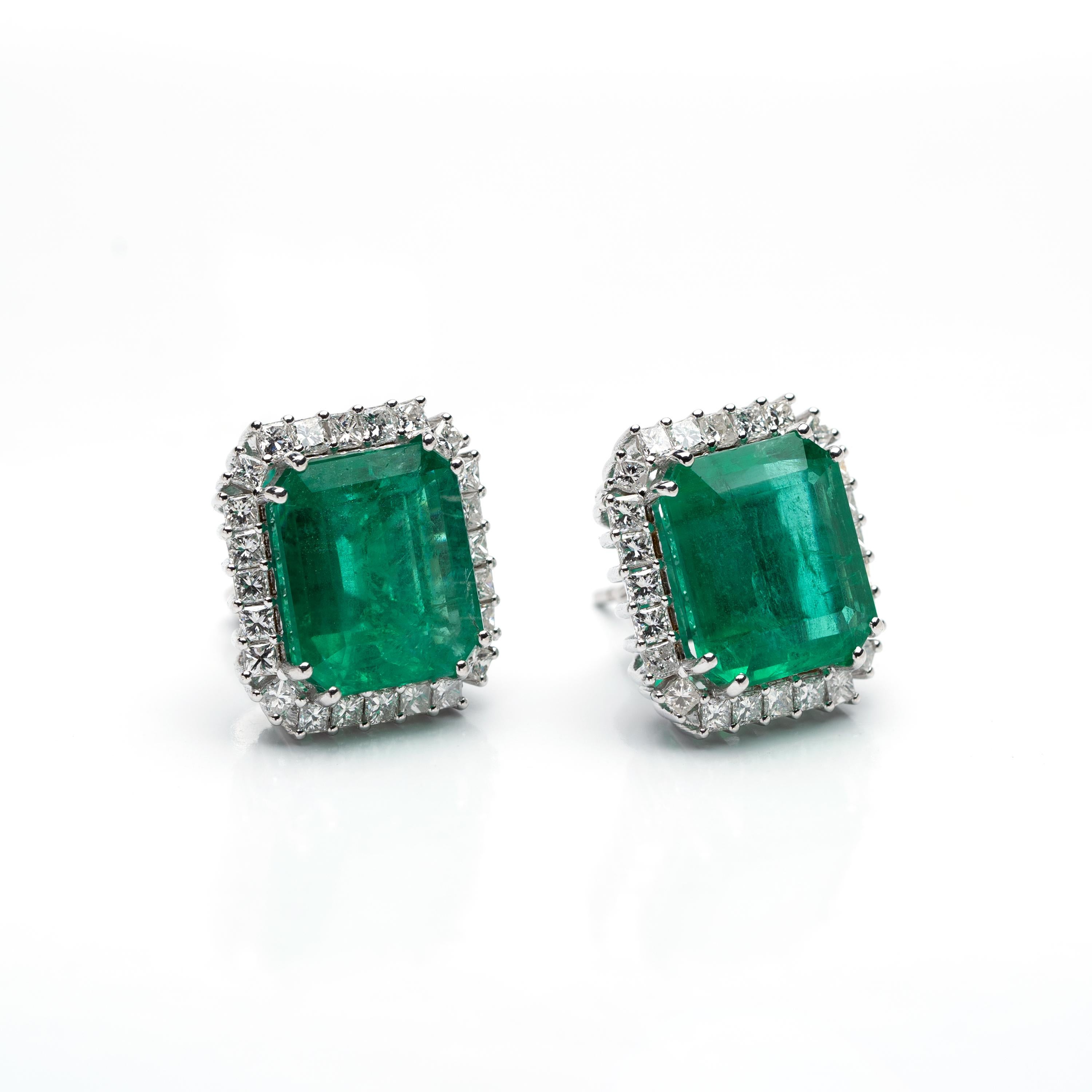 Emerald Cut Natural Zambian Emerald Earrings with 11.06 Carats Emeralds in 14k Gold For Sale