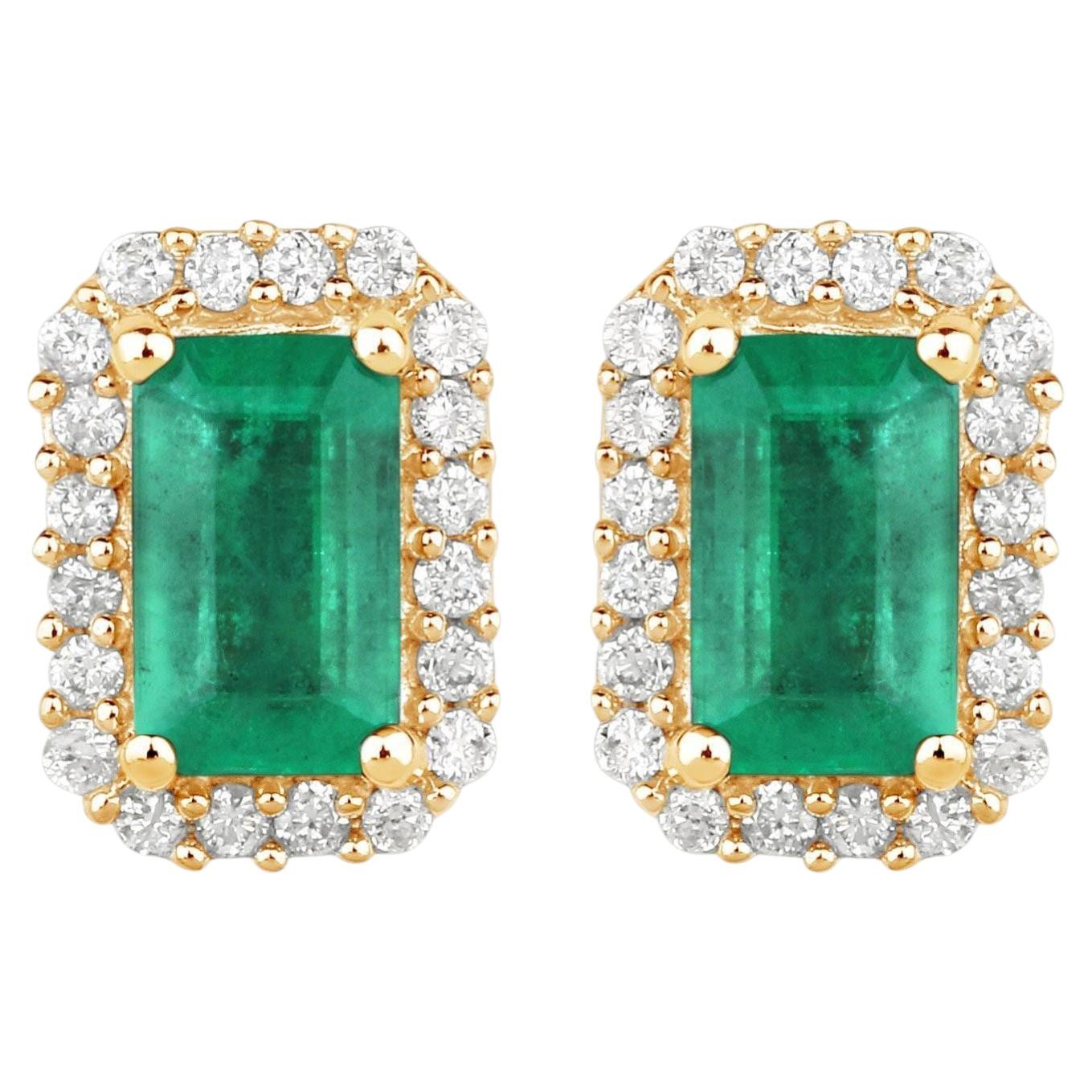 Natural Zambian Emerald Earrings With Diamonds 0.88 Carats 14K Yellow Gold