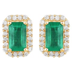 Natural Zambian Emerald Earrings With Diamonds 0.88 Carats 14K Yellow Gold