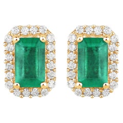 Natural Zambian Emerald Earrings With Diamonds 0.88 Carats 14K Yellow Gold