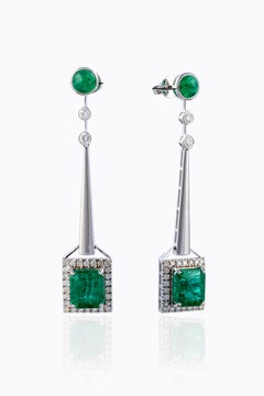 Boucles d'oreilles en émeraude naturelle de Zambie avec diamants et or 14 carats